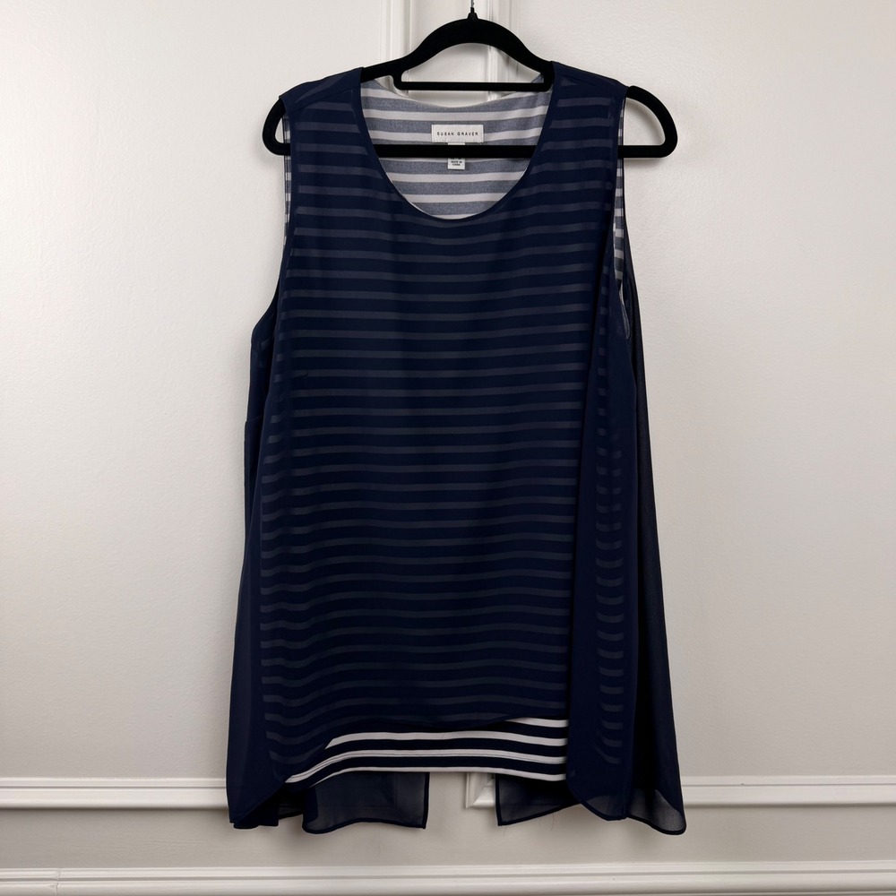 Susan Graver‎ Navy Blue Striped Layered Sleeveless Tunic Top Split Back Size L